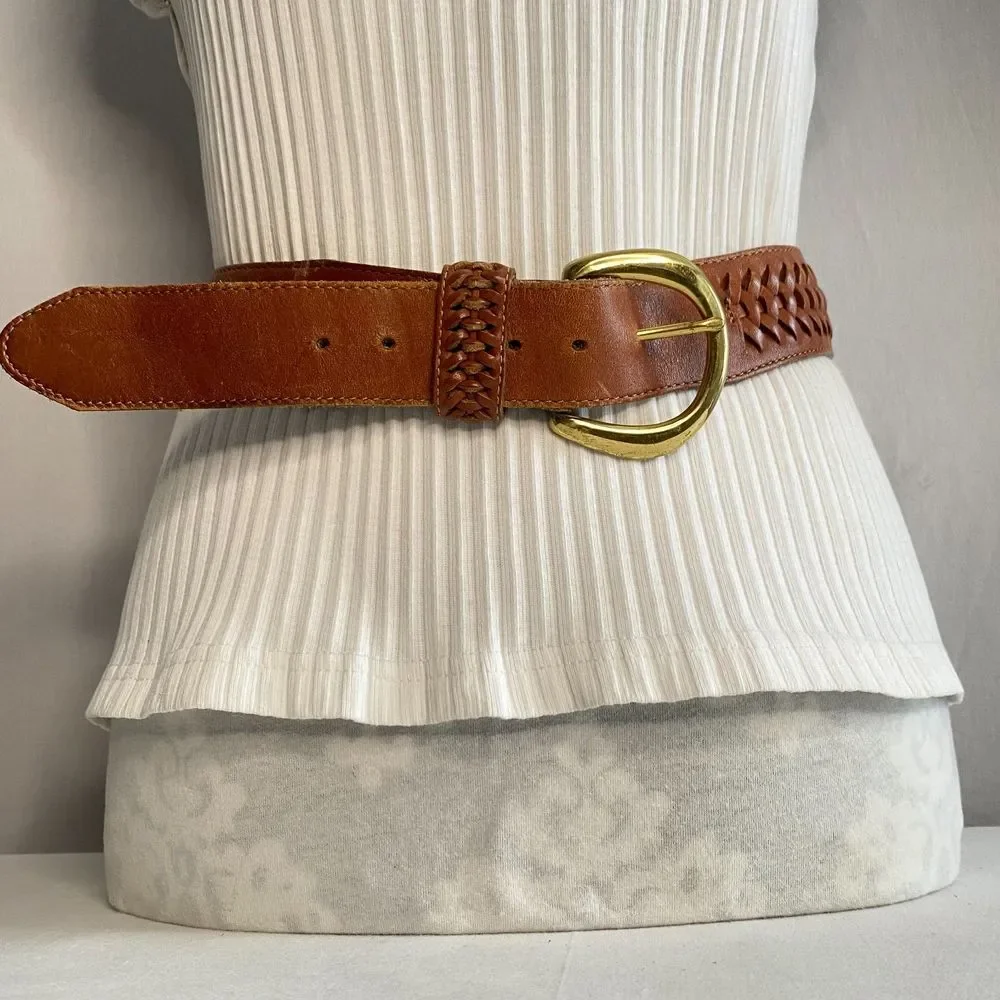 💎Lands End 506 Unisex Belt 32 Waist Woven Center Copper Brown Leather
